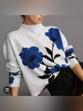 Anthropologie White Sweater with Blue Floral Motif